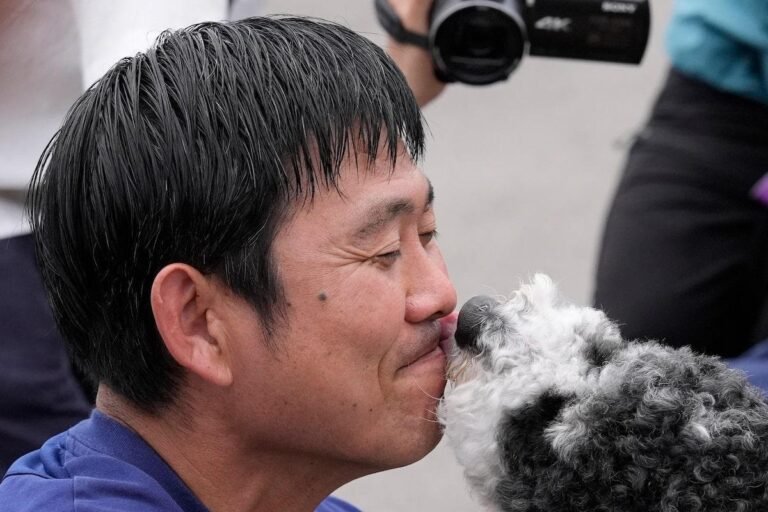 Hajime Moriyasu, Japan's coach, plays with a dog after leaving a training center in Nashville. Photo: George Walker IV / AP Photo/