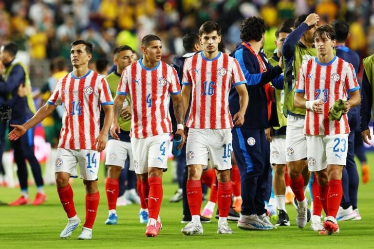 Paraguayan players after the match against Australia. Credit: REUTERS/Eloisa Lopez