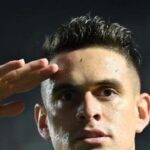 Inter's Borré celebrates a goal against Santos in a Brazilian Serie A match. Image: Jota Erre/AGIF