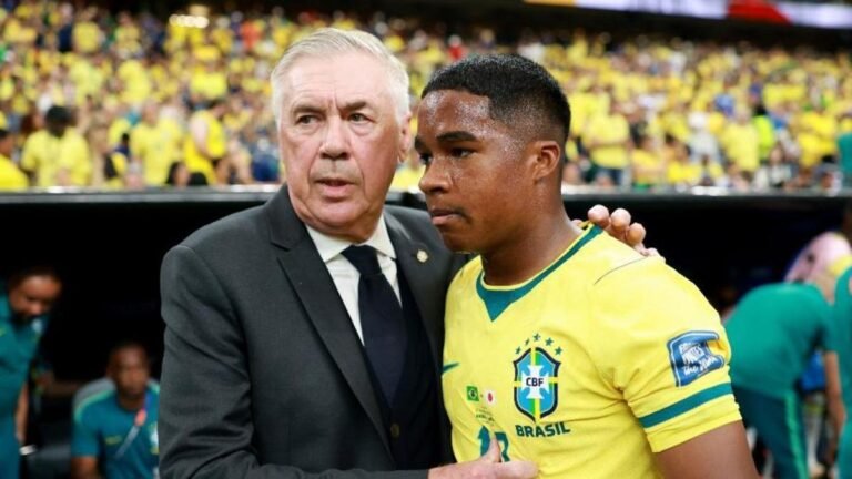 Ancelotti speaks with Endrick: restoring confidence. Photo: Michael Regan – FIFA via Getty Images