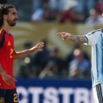 Argentina's Lionel Messi points at Spain's Marc Cucurella while complaining to the referee. Credit: PATRICIA DE MELO MOREIRA/AFP