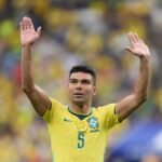 Brazil's Casemiro (5) celebrates after the World Cup round of 32 match between Brazil and Japan in Houston, Monday, June 29, 2026. Credit: Eric Gay/AP Photo
