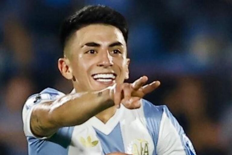 Almada celebrates a goal scored for Argentina. Photo: Ernesto Ryan/Getty Images