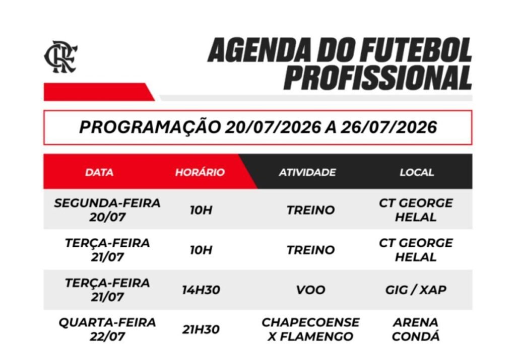 Flamengo divulga agenda completa do futebol profissional de 20 a 26 de julho