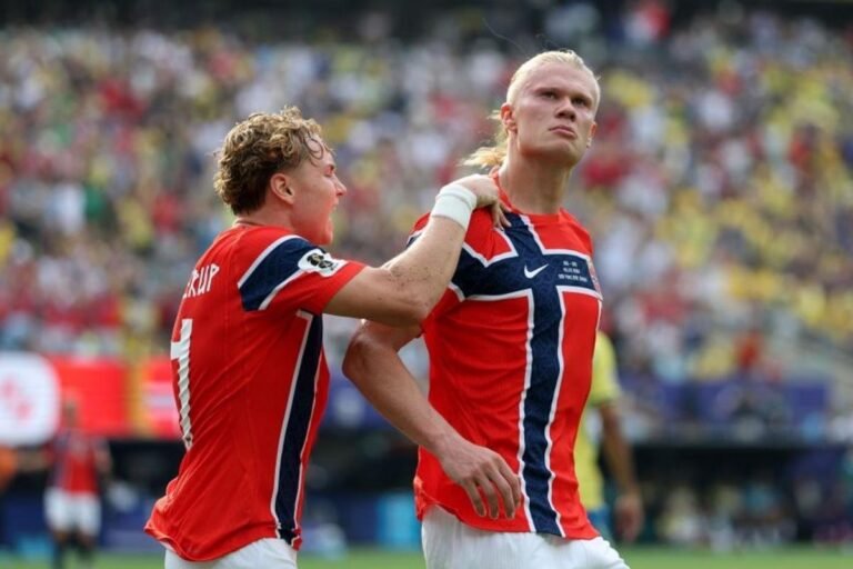 Haaland celebrates a goal against Brazil in the 2026 World Cup • Al Bello/Getty Images