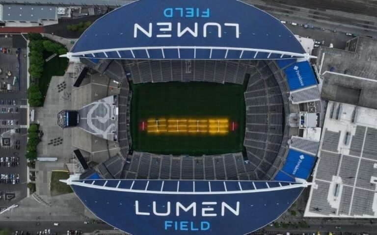 The Lumen Field pitch receives artificial light treatment for World Cup matches. Photo: Steph Chambers / AFP