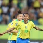 Kerolin celebrates a goal for the Brazil national team during a FIFA Series match. Photo: Livia Vilas Boas/CBF