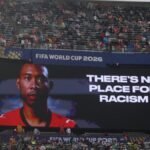 A screen displays an anti-racist message prior to the FIFA World Cup Group I soccer match between Norway and Senegal in East Rutherford, N.J., near New York, Monday, June 22, 2026. AP Photo/Pamela Smith – Pamela Smith