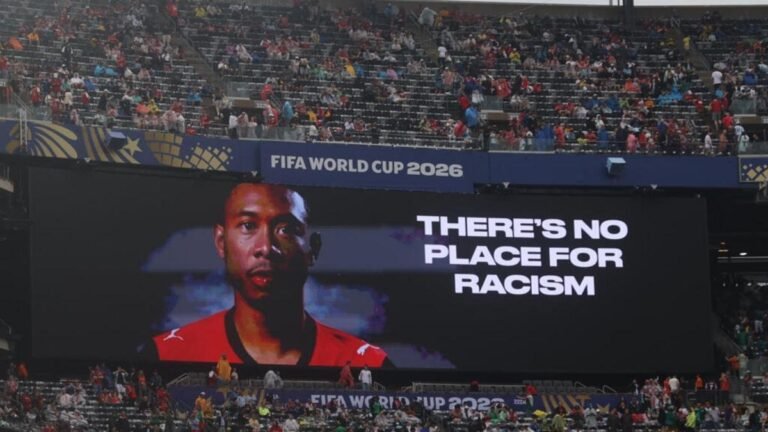 A screen displays an anti-racist message prior to the FIFA World Cup Group I soccer match between Norway and Senegal in East Rutherford, N.J., near New York, Monday, June 22, 2026. AP Photo/Pamela Smith – Pamela Smith