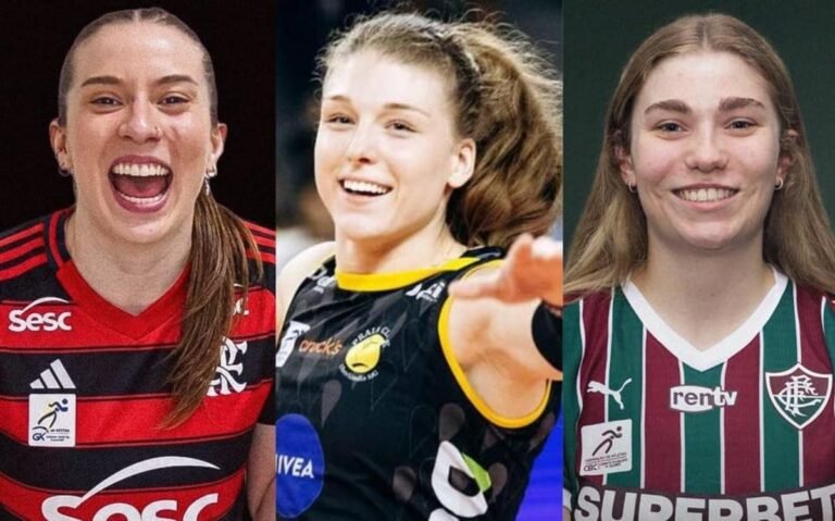 Left, Jaque, in the Sesc Flamengo red and black jersey, cheers with her mouth open; center, Kuznetsova, in the Praia Clube black jersey, celebrates a point with a smile; right, Bianca Bertolino, in the Fluminense tricolor jersey, smiles in an official photo.