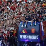 Spain national team players celebrate the World Cup title with fans in Madrid. Credit: Reuters