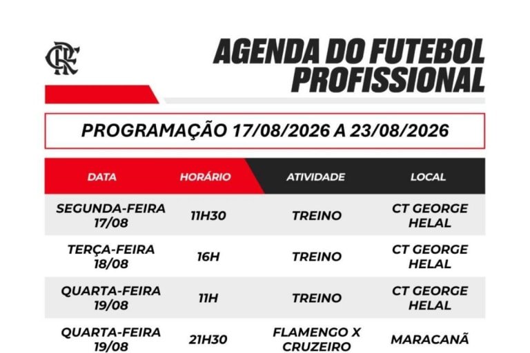 Flamengo's professional football schedule for August 17-23, 2026. Credit: Reproduction / Flamengo FC