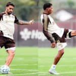 Lucas Paquetá and Gonzalo Plata during Flamengo training. Credit: Photos: Adriano Fontes/Flamengo